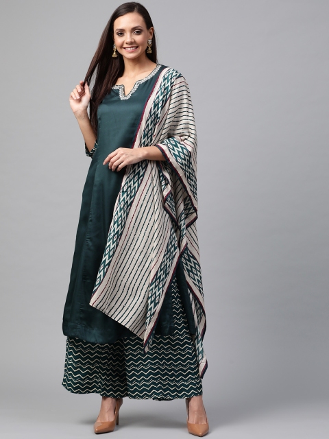 

Biba Women Teal Green & Off-White Embroidered Solid Kurta with Palazzos & Dupatta