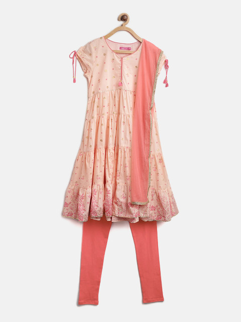 

Biba Girls Peach-Coloured Printed Kurta with Churidar & Dupatta