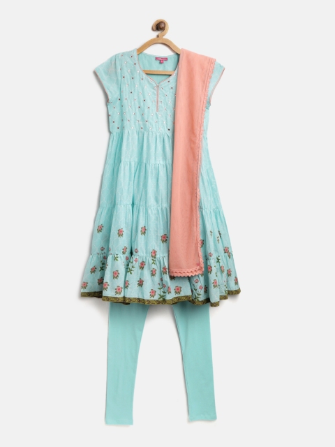 

Biba Girls Blue Printed Kurta with Churidar & Dupatta
