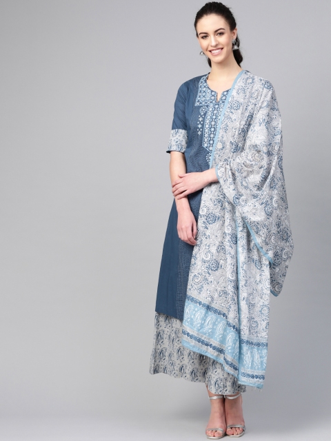 

Biba Women Navy Blue & Grey Yoke Design Kurta with Palazzos & Dupatta
