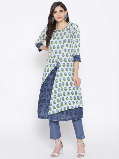 

Biba Women Off-White & Blue Printed Layered Kurta with Trousers