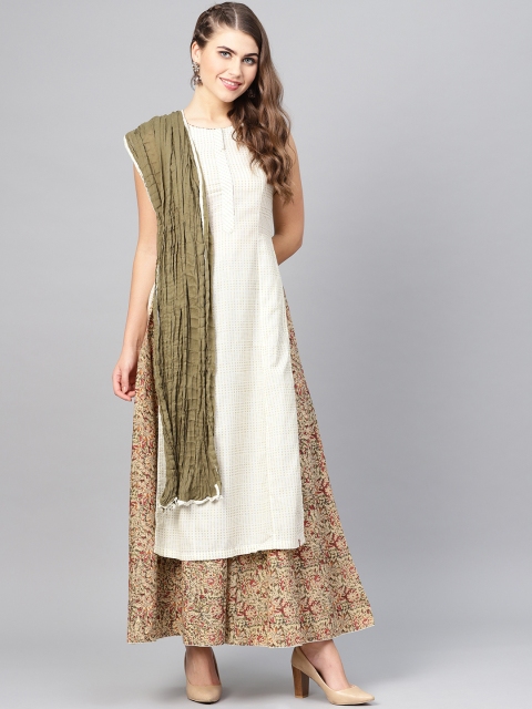 

Biba Women Off-White & Olive Green Self Design Kurta with Palazzos & Dupatta