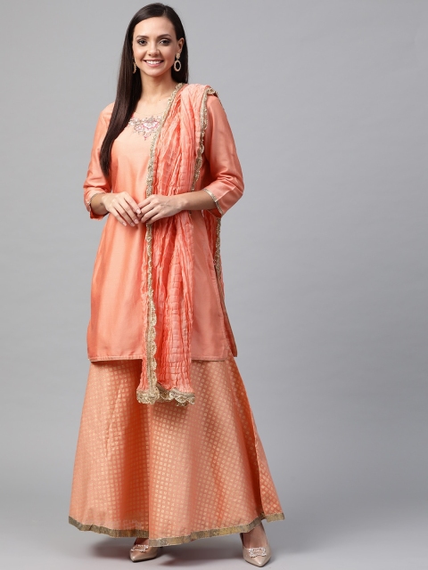 

Biba Women Peach-Coloured Embroidered Yoke Design Kurta with Palazzos & Dupatta