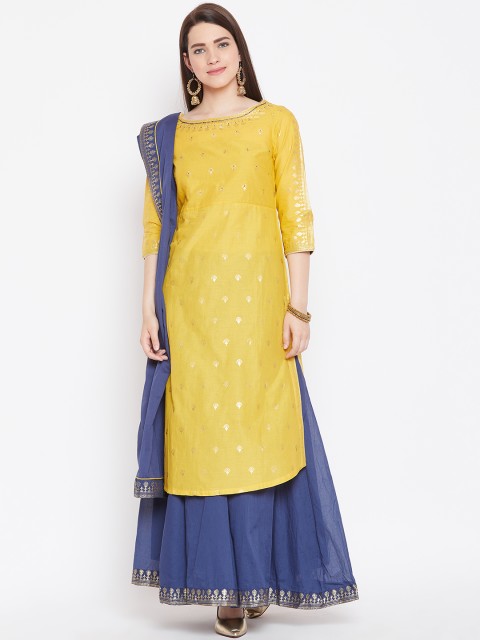 

Biba Women Yellow & Navy Printed Kurta with Skirt & Dupatta