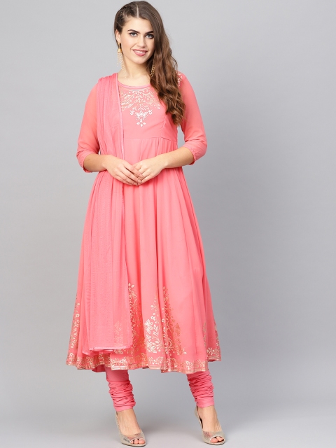 

Biba Women Pink & Golden Printed Anarkali Kurta with Churidar & Dupatta