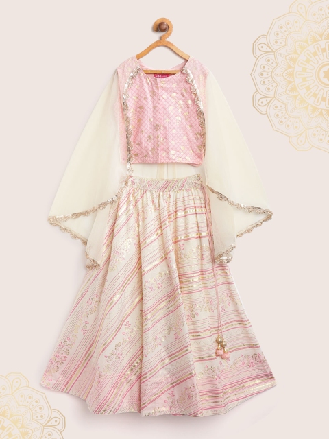 

Biba Off-White & Pink Printed Ready to Wear Lehenga with Blouse and Attached Cape