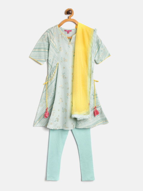 

Biba Girls Sea Green & Yellow Printed Kurta with Leggings & Dupatta