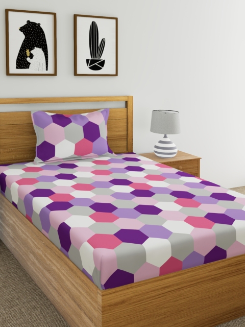 

Dreamscape Purple Geometric 144 TC Cotton Single Bedsheet with 1 Pillow Covers