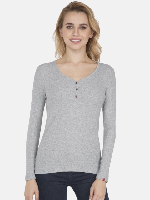 

Jockey Women Grey Solid V-Neck Pure Cotton T-shirt
