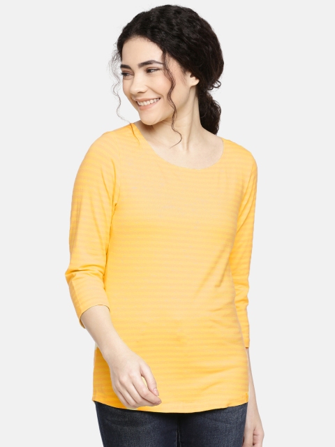 

Jockey Women Yellow & Peach-Coloured Striped Round Neck T-shirt