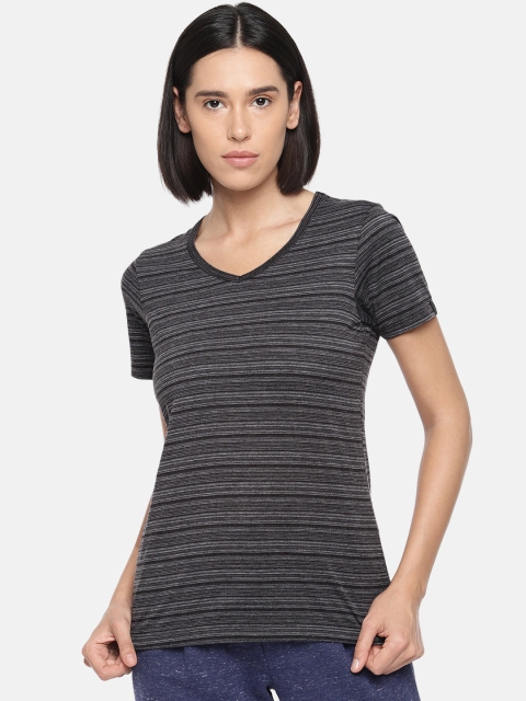 

Jockey Women Black Striped V-Neck Athleisure T-shirt