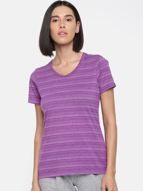 

Jockey Women Purple Striped V-Neck Pure Cotton T-shirt