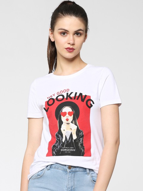 

ONLY Women White Printed Round Neck T-shirt
