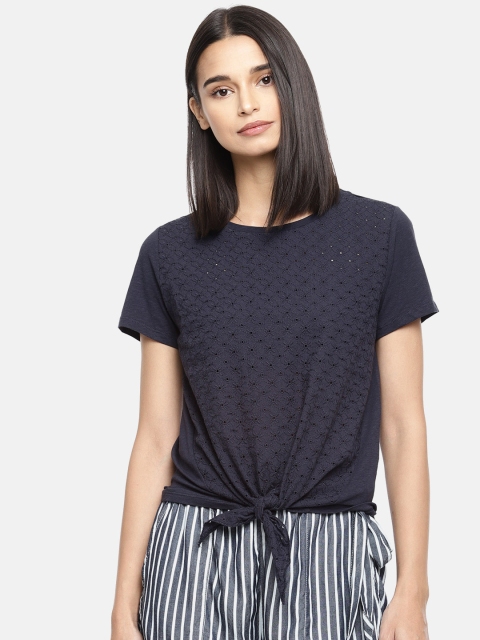 

ONLY Women Navy Blue Self Design Round Neck T-shirt