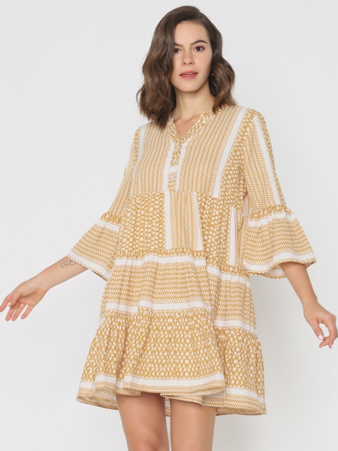 

ONLY Women Yellow & Off-White Printed Fit and Flare Dress