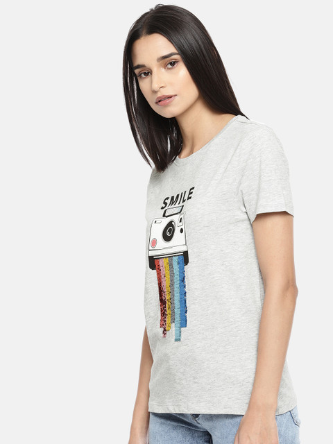 

ONLY Women Grey Melange Printed Round Neck T-shirt