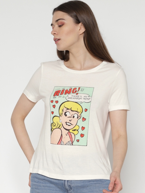 

ONLY Women White Printed Round Neck T-shirt