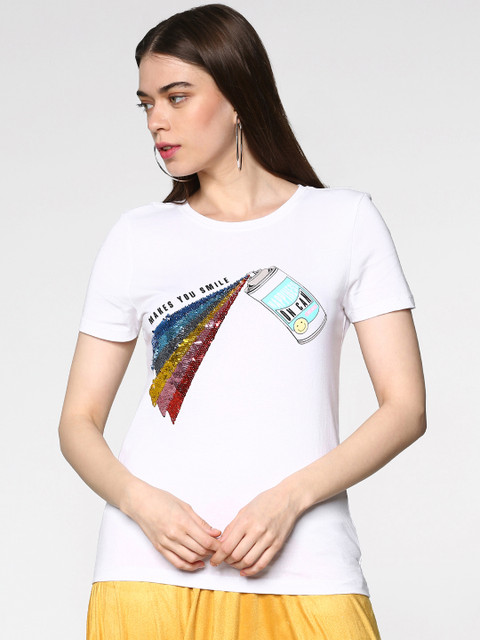

ONLY Women White Sequinned Round Neck T-shirt
