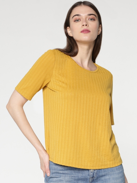 

ONLY Women Mustard Yellow Solid Round Neck T-shirt
