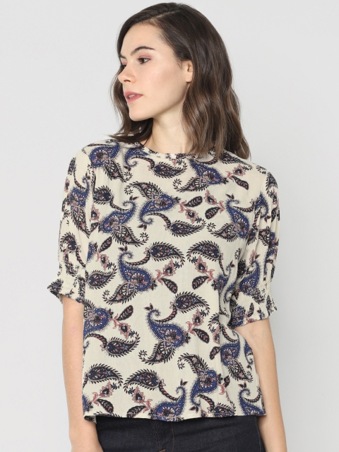 

ONLY Women Beige & Navy Blue Printed Top