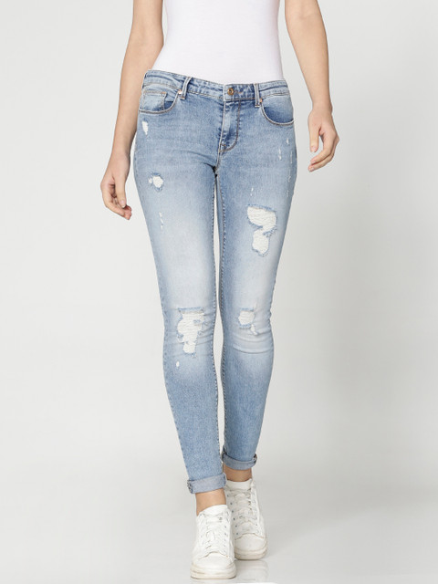 

ONLY Women Blue Carmen Skinny Fit Mid-Rise Mildly Distressed Stretchable Jeans