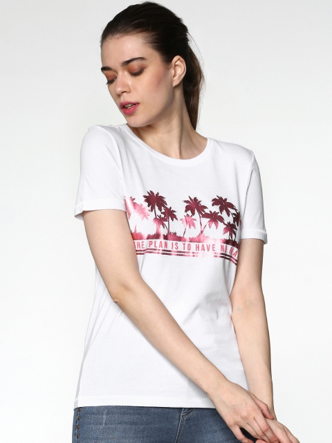 

ONLY Women White Printed Round Neck Pure Cotton T-shirt