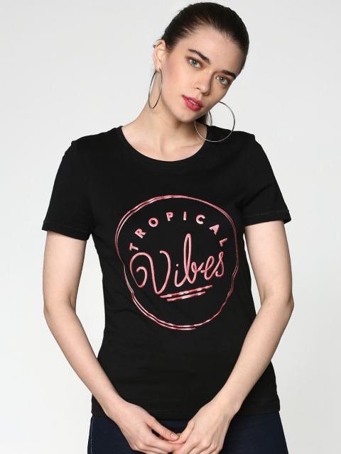 

ONLY Women Black Printed Round Neck T-shirt