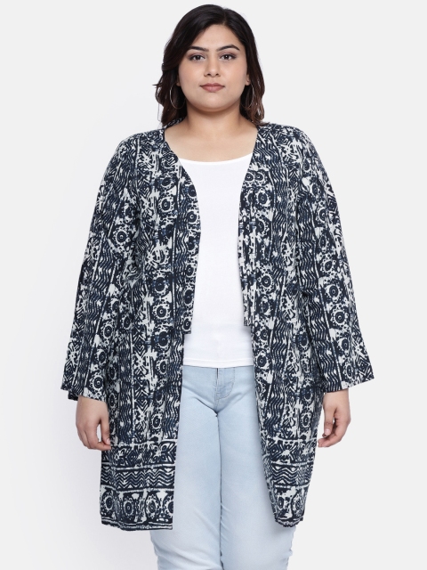 

aLL Plus Size Women Navy Blue White Printed Open Front Shrug