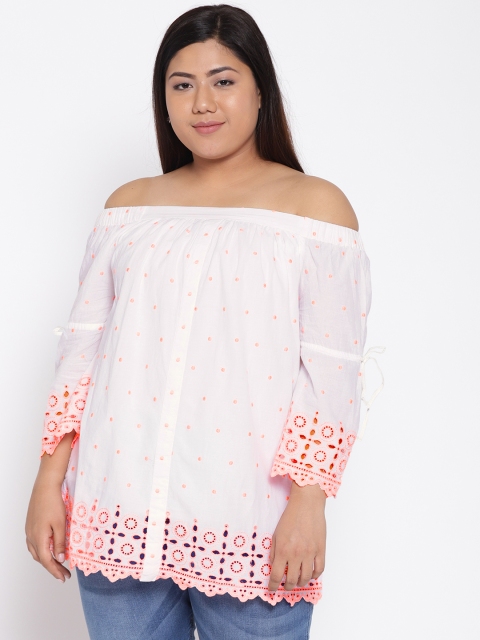 

aLL Plus Size Women White Peach-Coloured Schiffli Embroidered Bardot Top