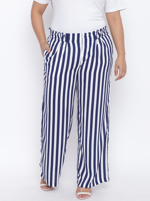 

aLL Plus Size Women Navy Blue White Regular Fit Striped Trousers