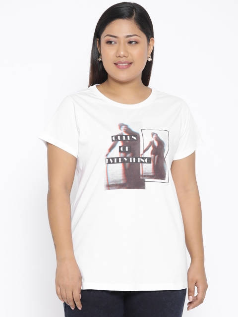 

aLL Plus Size Women White Brown Printed Round Neck T-shirt