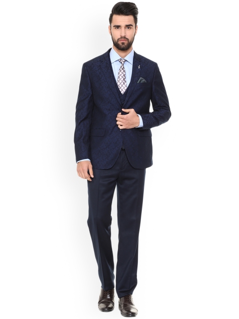 

Van Heusen Men Navy Blue Self Design Slim-Fit Three Piece Suit
