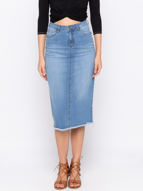 

TARAMA Women Blue Solid Straight Denim Skirt