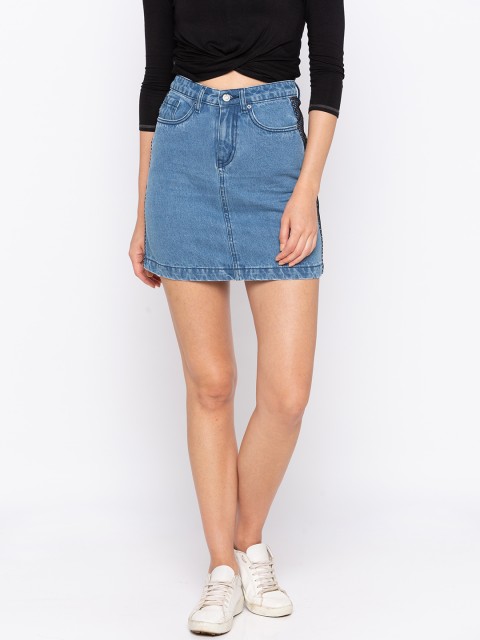 

TARAMA Women Blue Solid A-Line Denim Pure Cotton Skirt