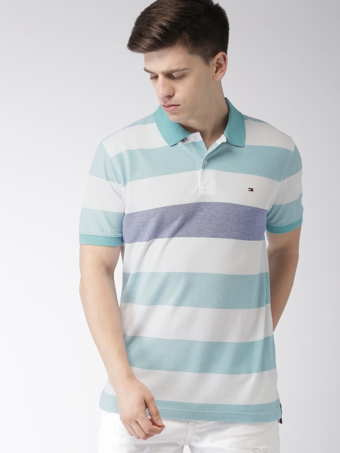 

Tommy Hilfiger Men Blue & White Striped Polo Collar T-shirt