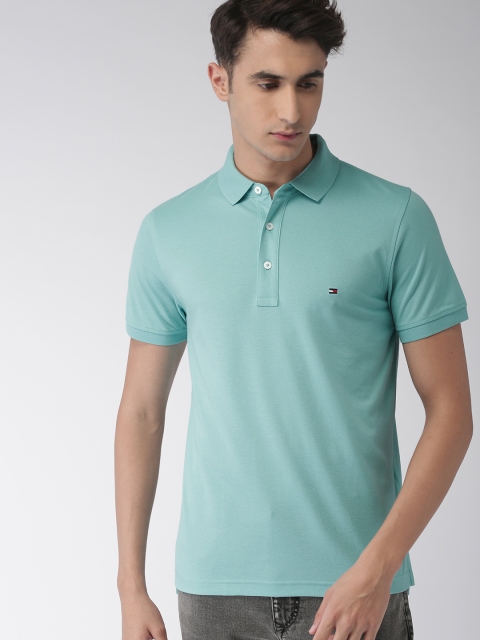 

Tommy Hilfiger Men Turquoise Blue Solid Slim Fit Polo Collar T-shirt