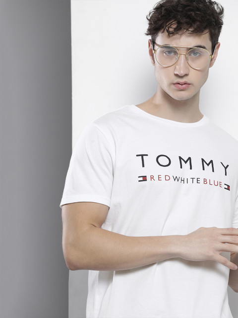 

Tommy Hilfiger Men White & Black Brand Logo Printed Round Neck Pure Cotton T-shirt