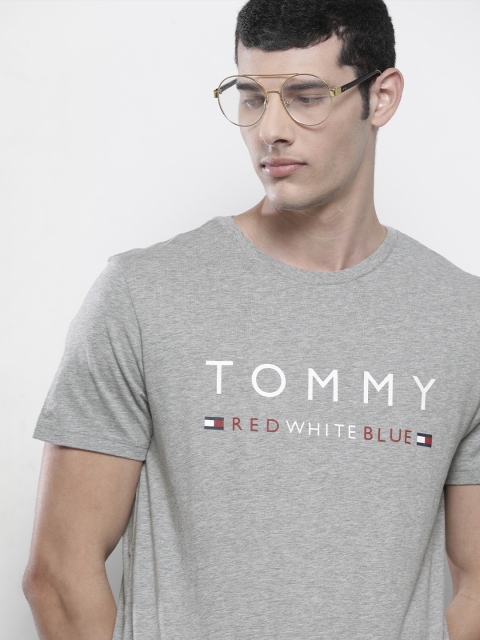 

Tommy Hilfiger Men Grey & White Brand Logo Pure Cotton Round Neck T-shirt