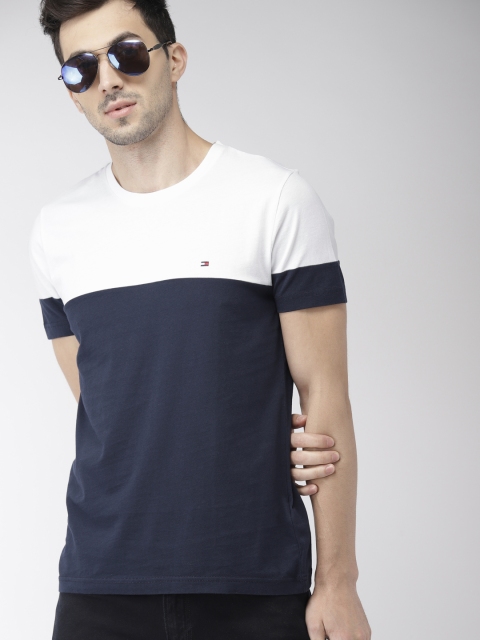 

Tommy Hilfiger Men Navy Blue & White Colourblocked T-shirt