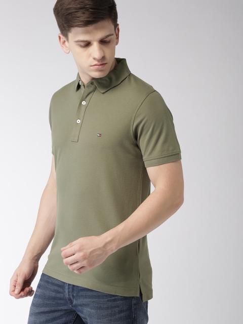 

Tommy Hilfiger Men Olive Green Slim Fit Solid Polo Collar T-shirt