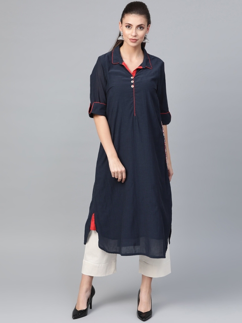 

Biba Women Navy Blue Solid Pathani Kurta