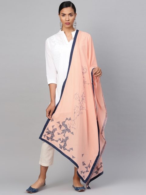 

Biba Women Peach-Coloured & Navy Blue Printed Pure Cotton Dupatta