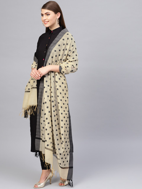 

Biba Cream-Coloured & Black Woven Design Pure Cotton Dupatta