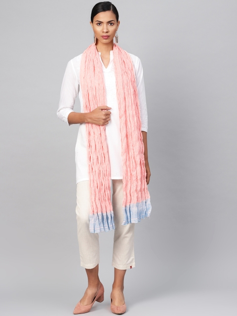 

Biba Women Coral Pink & White Crinkled Striped Dupatta