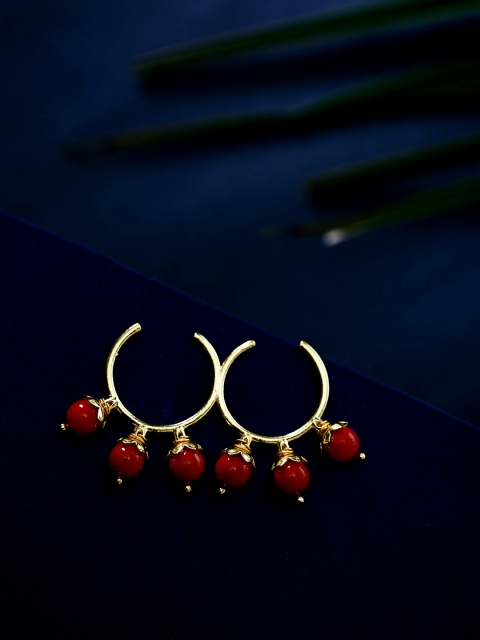 

Voylla Women Gold-Plated & Red Beaded Adjustable Dual-Finger Ring