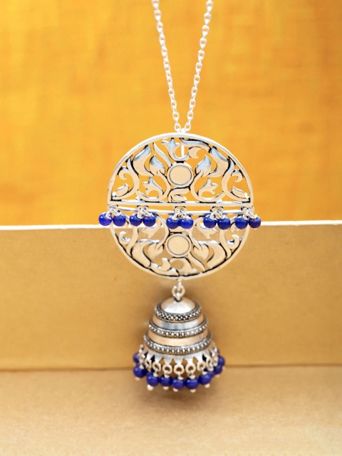

Voylla Women Oxidised Silver-Plated & Blue Beaded Circular-Shaped Pendant With Chain