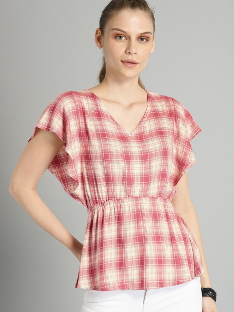 

The Roadster Lifestyle Co Women Off-White & Pink Checked Cinched Waist Top