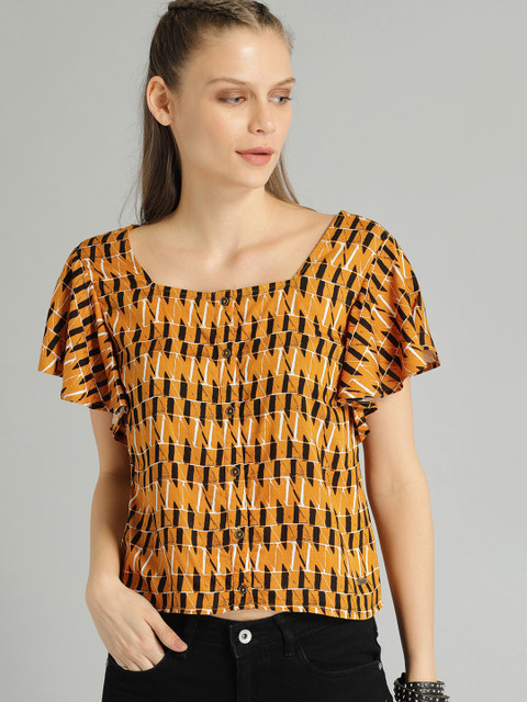 

Roadster Women Mustard Yellow & Black Printed Top