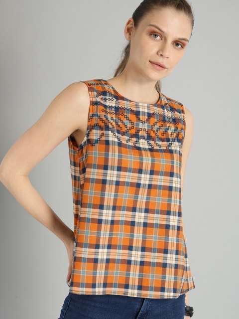 

The Roadster Lifestyle Co Women Mustard Yellow & Navy Blue Checked A-Line Pure Cotton Top