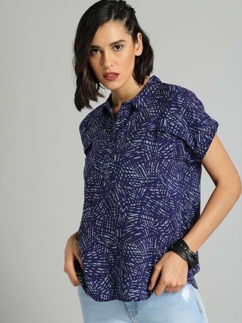 

Roadster Women Navy Blue Printed Shirt Style Top